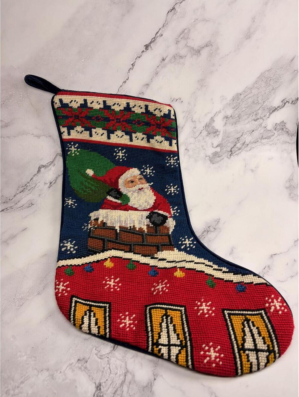Vintage Style Needlepoint Christmas‎ Stocking Santa Chimney Holiday Decor 11x18
